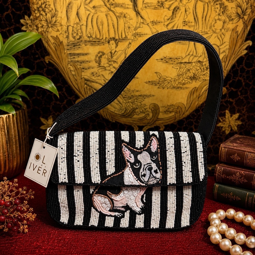 Sol & Mer French Bulldog Beaded Bag NWT Black White Striped Shoulder Purse Viral